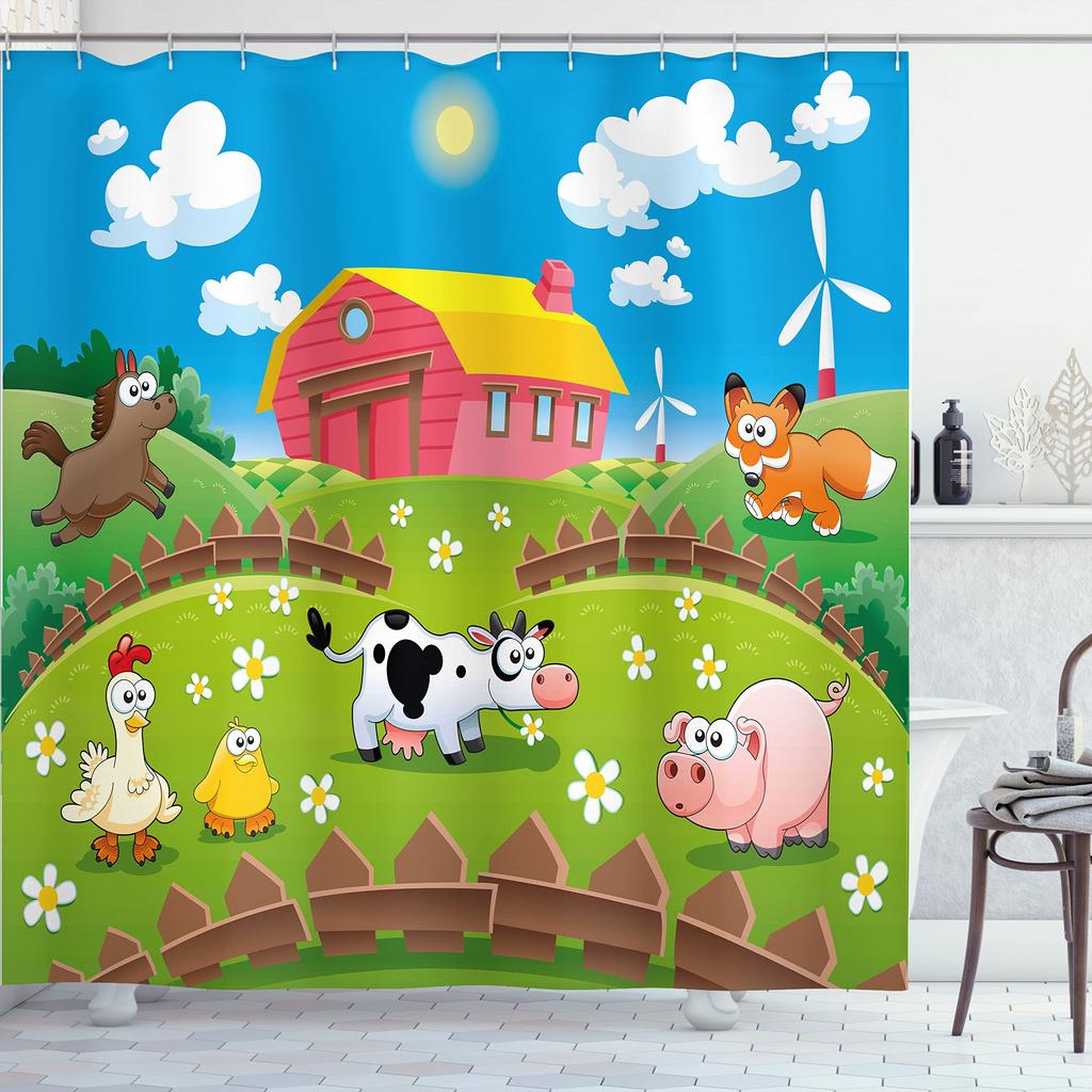 Pink Pig Shower Curtain, Lovely Animal Piggy Bath Curtain Western Animals Bathroom Decor Romantic Rose Flowers Bathroom Curtain