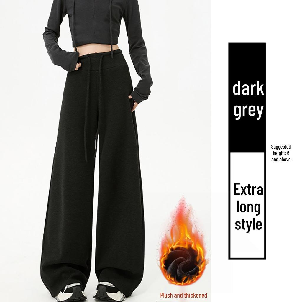 Women's Off-White Fleece-Lined Wide-Leg Pants, Autumn/Winter, Relaxed Fit, Casual, Good Drape, Straight Leg, Glutinous Rice Air Pants