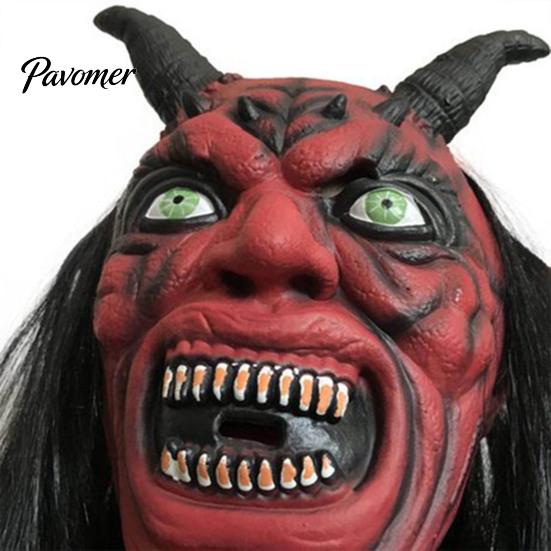 Máscara de Diablo para Halloween Máscara de Satán, Disfraz Realista de Cabeza Completa de Látex con Accesorios Largos y Escalofriantes de Cuernos Rojos y Colmillos, Accesorios de Fiesta de Cosplay Aterradores