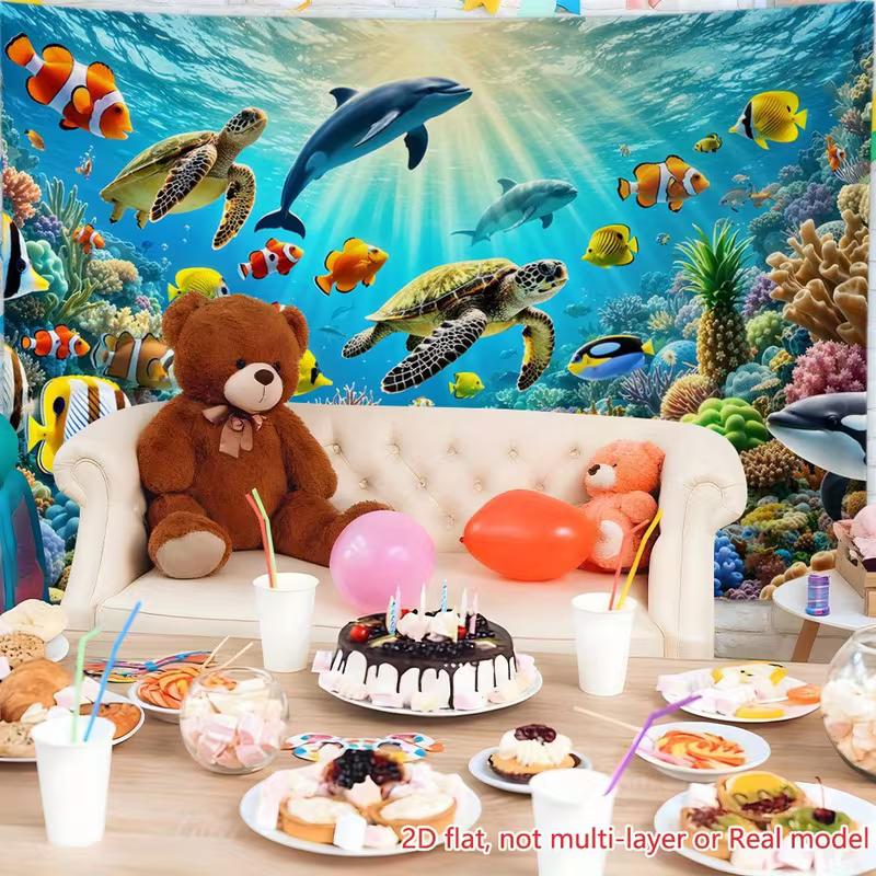 2D Ocean Animals Backdrop Underwater World Dolphin Turtle Fish Kids Birthday Party Banner