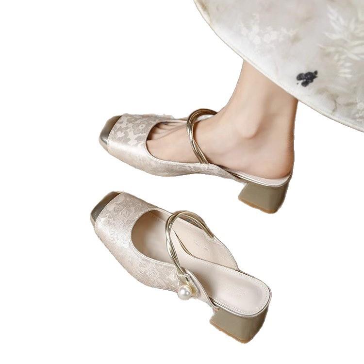 New Chinese style Mary Jane slippers women's 2025 new printed bag head slippers summer one-word with outer slippers