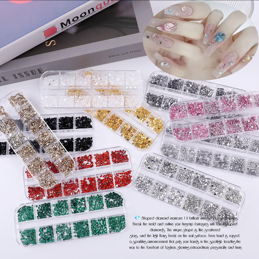 Nail Art Schmuck 12 Gitter Silber Mini Speziell geformter Diamant Acryl Stern Liebe Wassertropfen Schleife Gemischt Flachboden Diamant