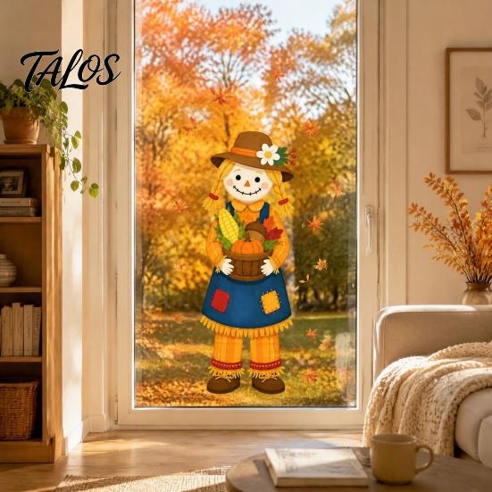 Non Adhesive Window Decals Fall Clings, Autumn Scarecrow Maple Leaf Stickers, Reusable Double-Sided Removable Pumpkin Clings Static PVC Glass