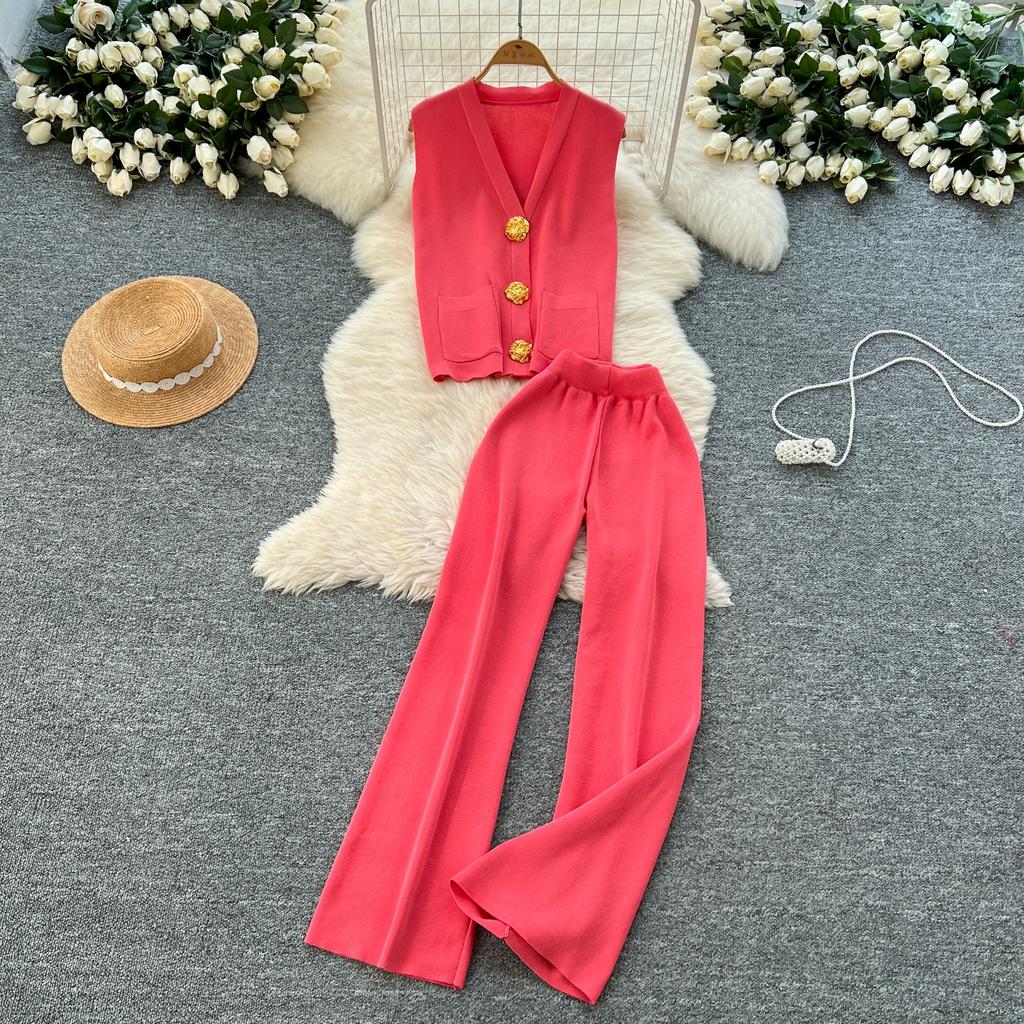 Summer Women Knitted Sweater Tracksuit Sleeveless Big Gold Button Tank Vest Tops and Wide Leg Pant Two Piece Set