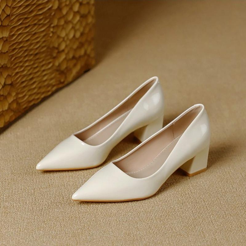 Fashion Square Heel Patent Leather Shoes Women PumpsSole Work Pointed Toe