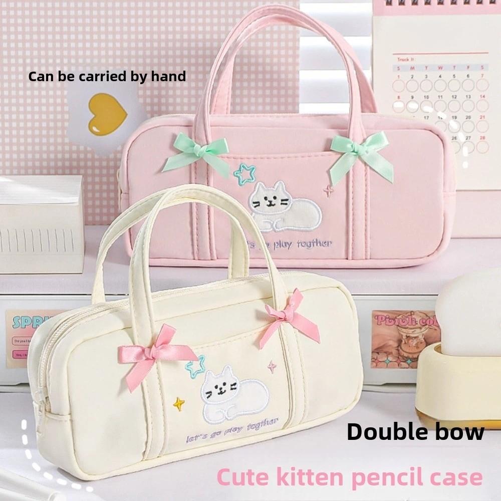Large Capacity Korean Stationery Bag Embroidery Handheld Pencil Bag Cat Pen Storage Bag Children