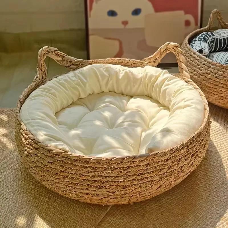 Handwoven Rattan Pet Bed with Detachable Pad Cotton - Round Cat House & Dog Bed, Available All Seasons  Cat Scratching Board