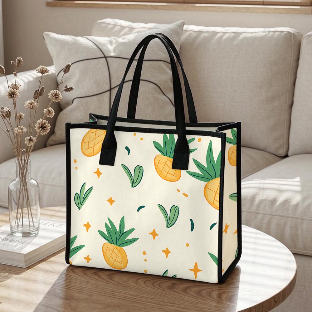 Cute Pineapple Printed Tote Bag Casual Large Capacity Reusable Shopping Handbag for Daily Use
