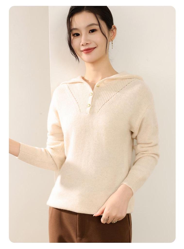 Women's 100% Pure Wool Half-Zip Hooded Sweater with Gold Buttons - New Autumn/Winter Fashion