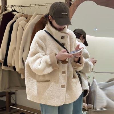 Women's Lambswool Stand Collar Coat, Loose Fit, Fur Integrated, Petite 2025, New Warm Winter Style