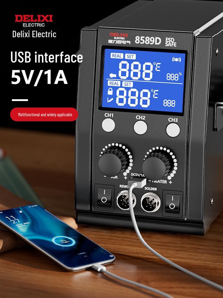Delixi Electric 2-in-1 Soldering and Desoldering Station with Hot Air Gun and Worktable