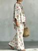 French pastoral rose and green leaf print round neck top and wide-leg trousers