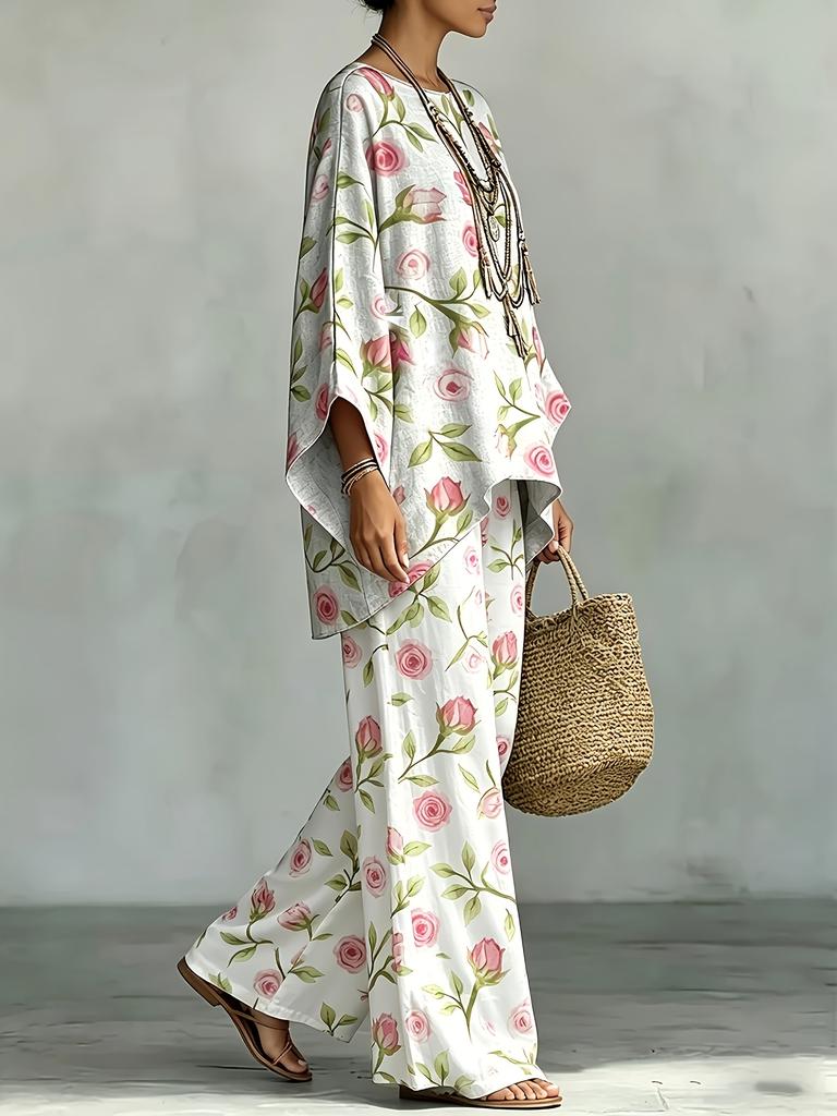 French pastoral rose and green leaf print round neck top and wide-leg trousers