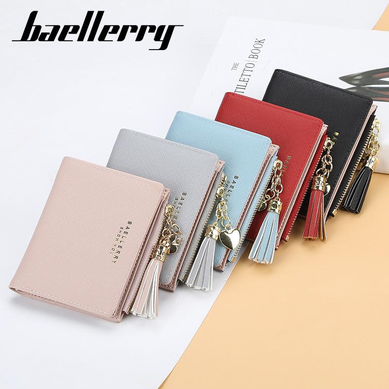 Wallet For Women Short Cardholder Pu Leather With Tassel Decor And Letter Print Design