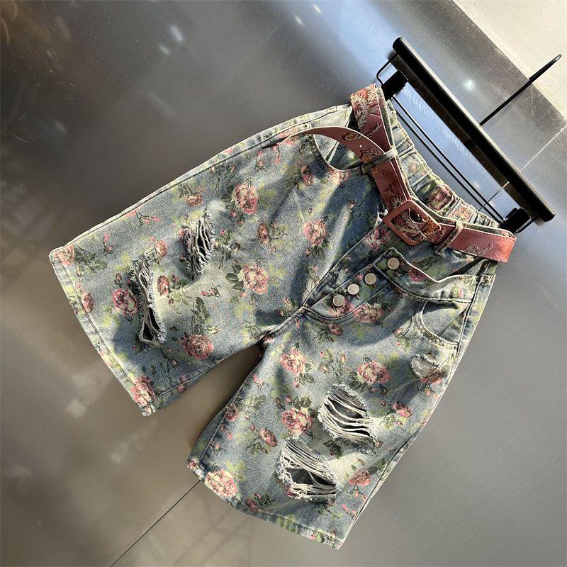 Letní módní volné a zeštíhlující široké nohavice rovné nohavice módní tištěné trendy roztrhané pětičtvrteční džínové kraťasy pro ženy