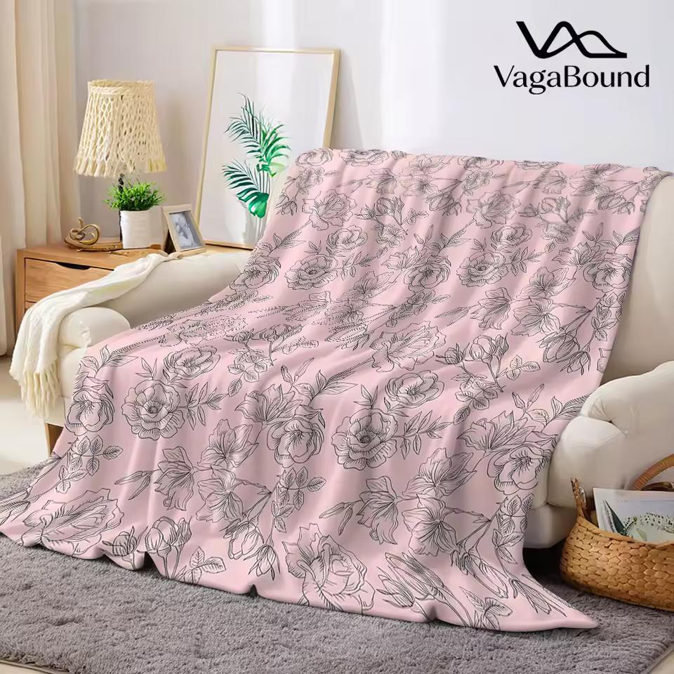 pink rose line art Flannel Blanket Warm Soft Halloween Christmas Decorative Couch Warm Cozy All-Season Gift