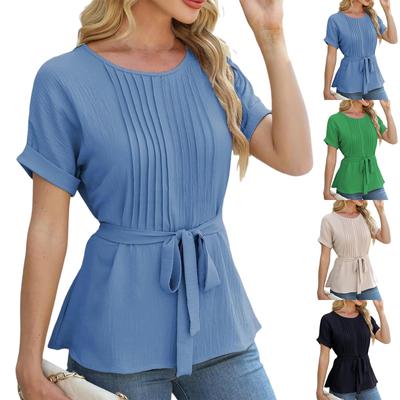 Women's Casual Shirt Ruffled Pleated Round Neck Short Sleeve Top