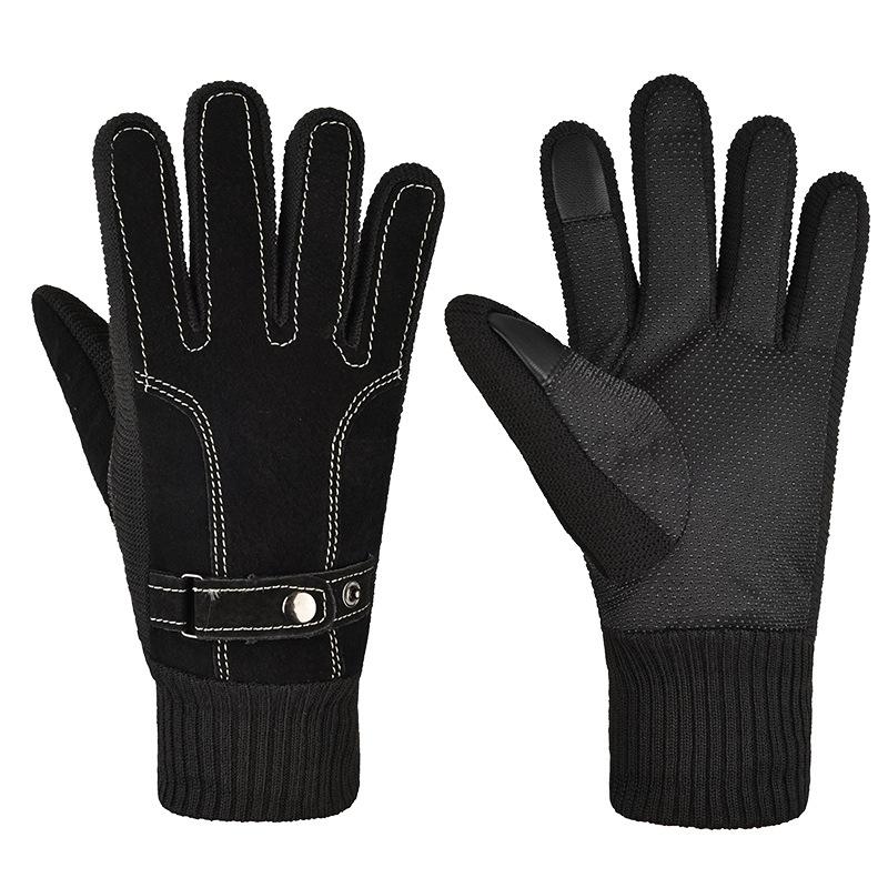 Pigskin Gloves Men's New Autumn and Winter Ski Gloves Outdoor Cycling Bicycle Leather Gloves Warm and Thickened Anti-slip