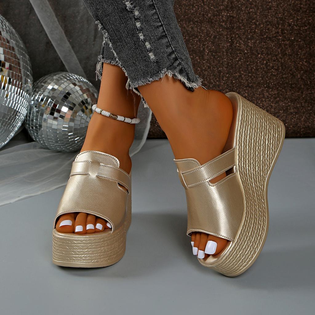 Shoes Woman 2025 Slippers for Swimming Pool Golden Wedge Peep Toe Round Headed Design Comfortable Beach Shoes Size 35-43