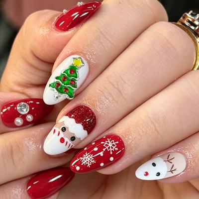 24 Christmas Almond Wear Nails Santa Claus Christmas Tree Elk Nail Art Nails Fake Nails