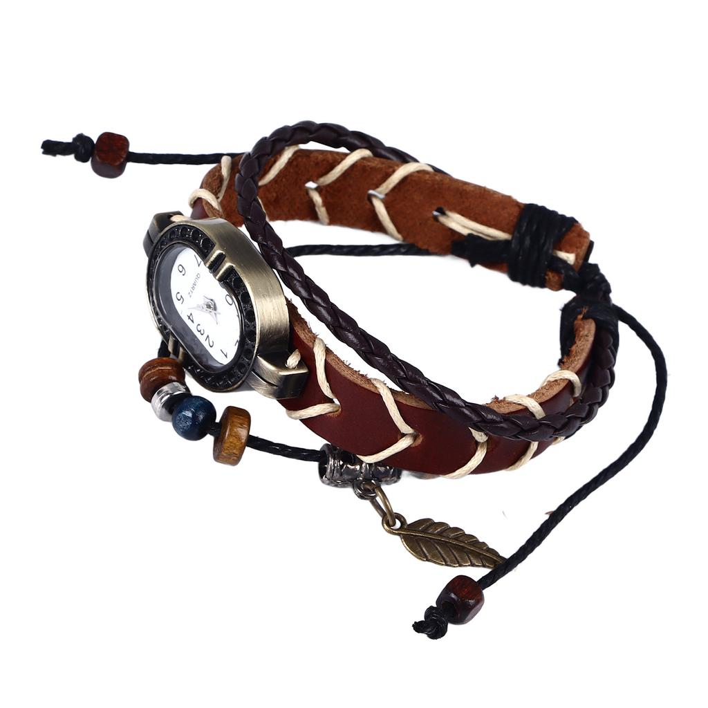 Vintage Wrap Bead Watch Woven Wrap Bead Leaf Bracelet Fashionable Quartz Wrist Watch for Men Women
