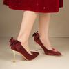 Red Satin Bridal Shoes Spring and Autumn New Elegant Bow Pointed Tip Stiletto Single Shoes Women's Heels Satin