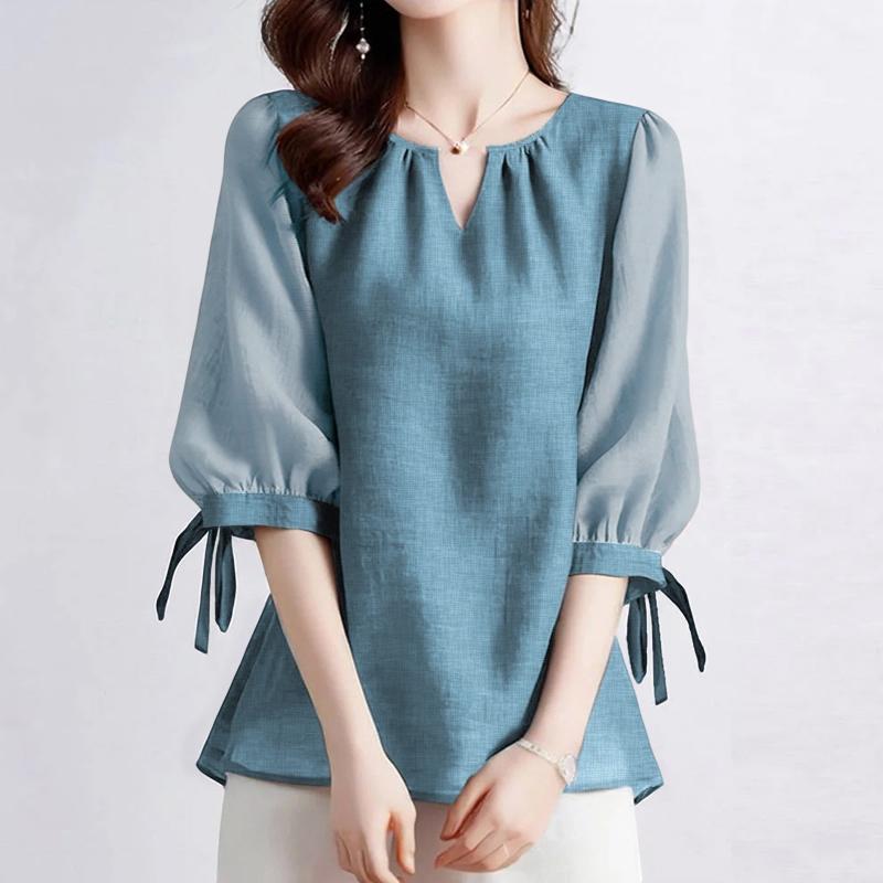 

ZANZEA Women Casual V-Neck Summer Patchwork 3/4 Sleeve Blouse 5XL синий