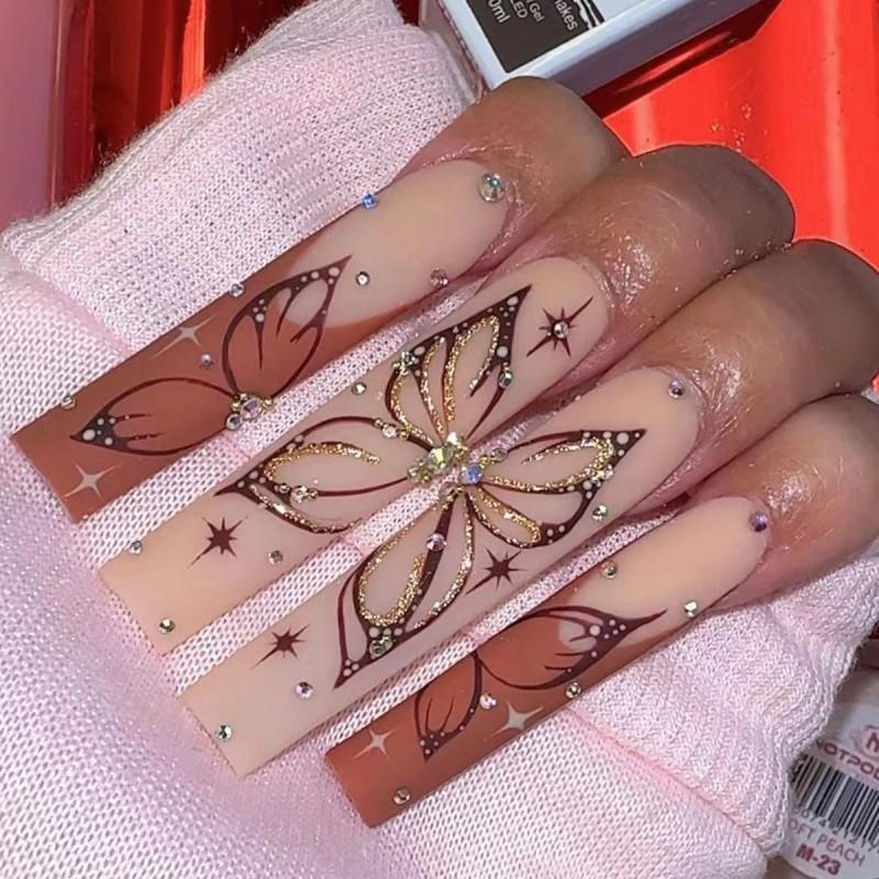 Long French Style Butterfly Nail Tips With Glitter Rhinestones - Press-On Nails Women Gel Adhesive Jelly Glue Options