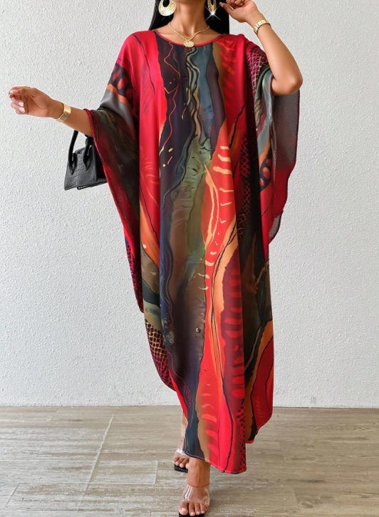 Foreign Trade Digital Printing Bat Sleeve Loose Women's Robe Dress