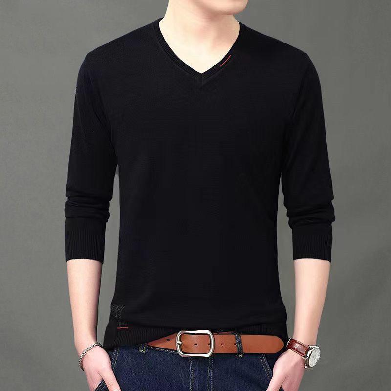 2023 New Spring and Autumn Thin Simple Casual Thread V-neck Long Sleeve Solid Oversized Men's Knitted Underlay Pullover Sweater