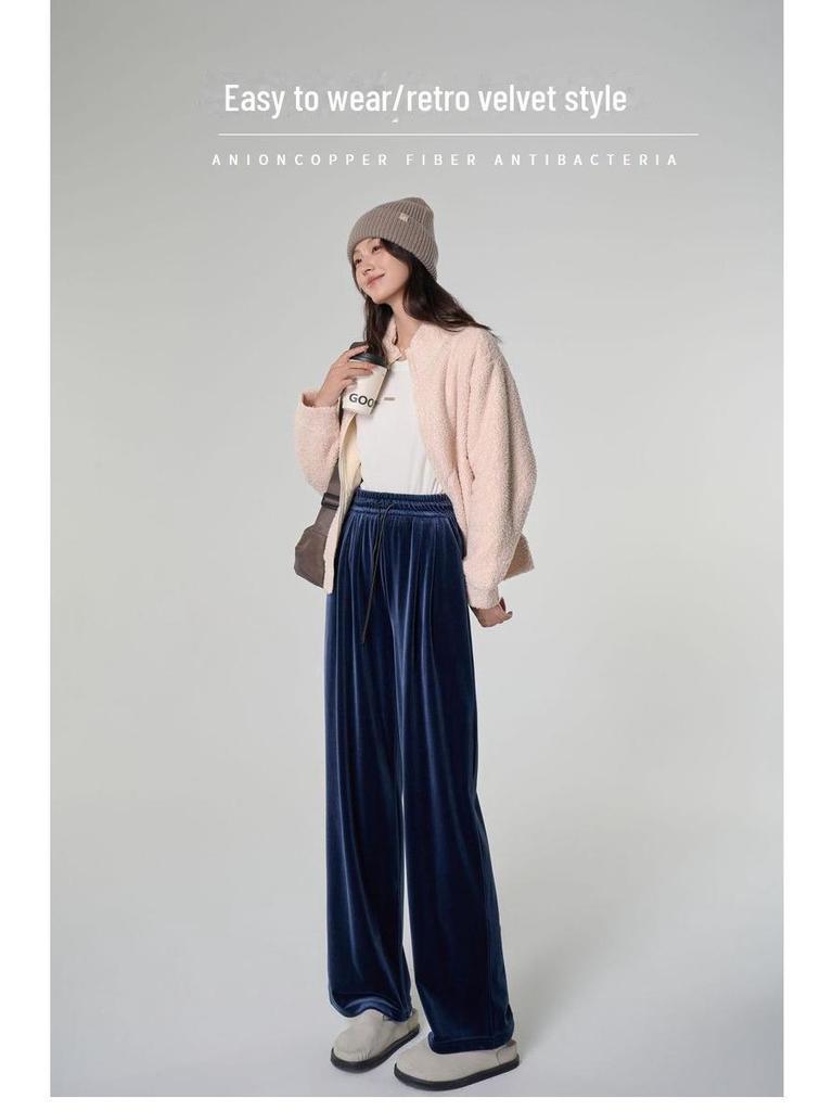 Spring Women's Retro Velvet Wide-Leg Pants - Loose, Casual, High-End, 400g