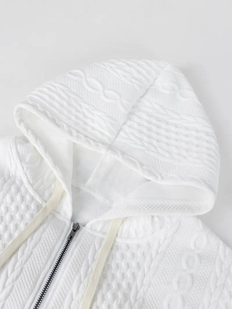 Women's Casual Hooded Sweatshirt - White Textured Pullover with Adjustable Drawstring Hood, Front Zipper & -Like Patches, Sweater Hoodie