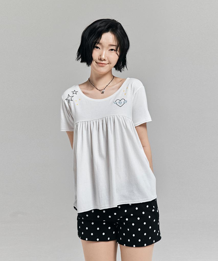 AWESOME STUDIO Kitsch Embroidered Shirred T-Shirt Ivory