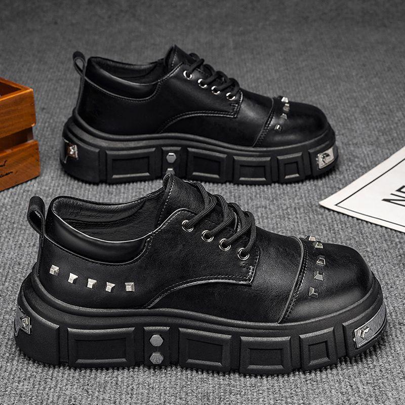 2025 Autumn Men's Black Derby Shoes - Korean Style Trendy Casual Leather with Height Increasing Thick Sole