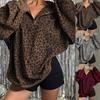 Women S Leopard Print Turn Down Collar Loose Fit Long Sleeve Sweatshirt