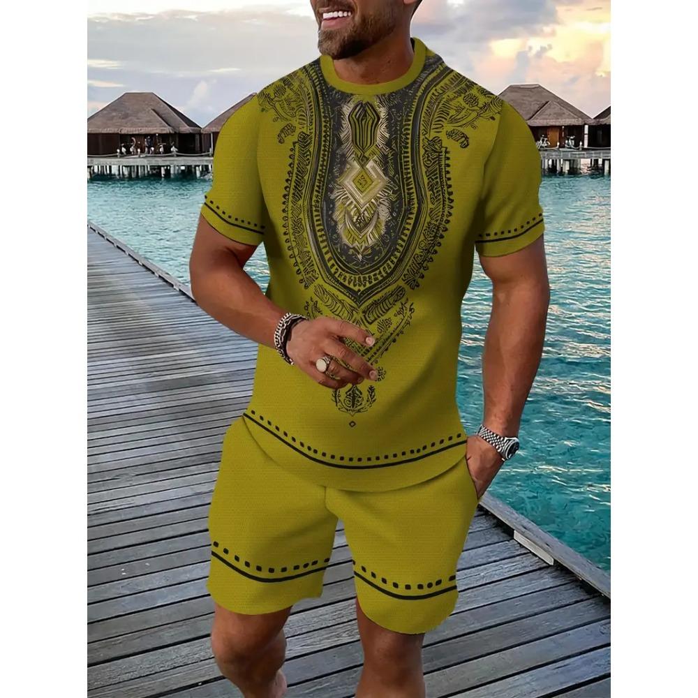 2025 Vintage Men's T-shirts Shorts Set 3D African Ethnic Style Print Casual Hawaiian Tees Suit Summer Men Women Tracksuit Outfit