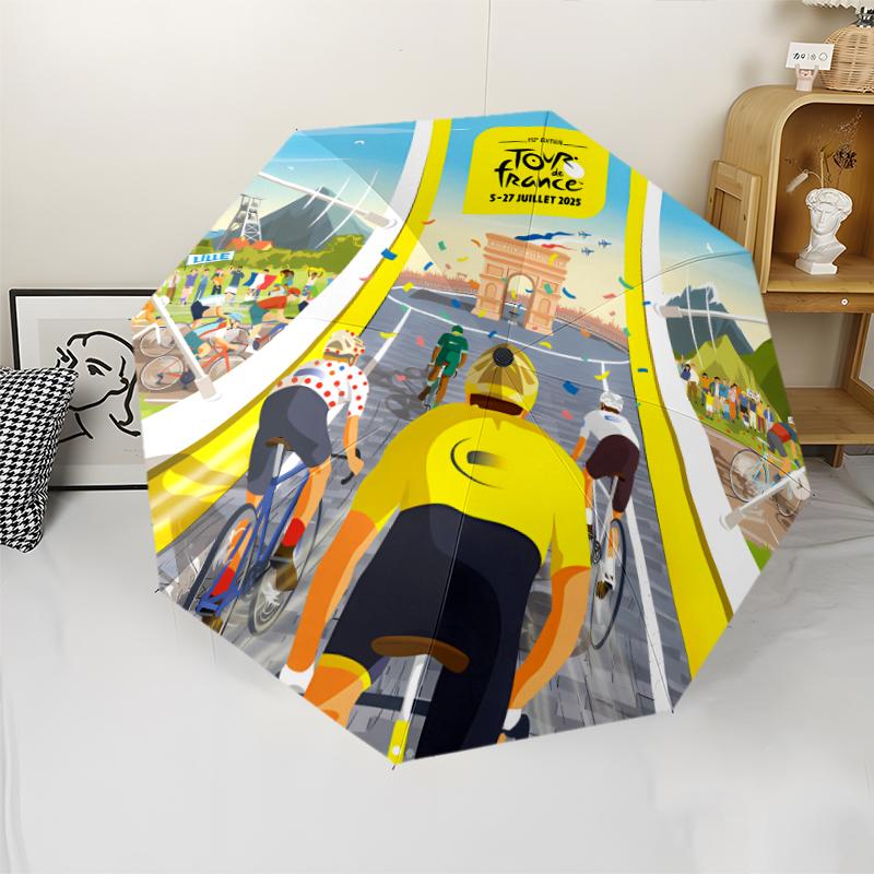 Tour de France Print Automatic Umbrella, 8 Rib Iron Frame, Plastic Handle, Suitable for Outdoor Travel &Daily , Ideal Gift