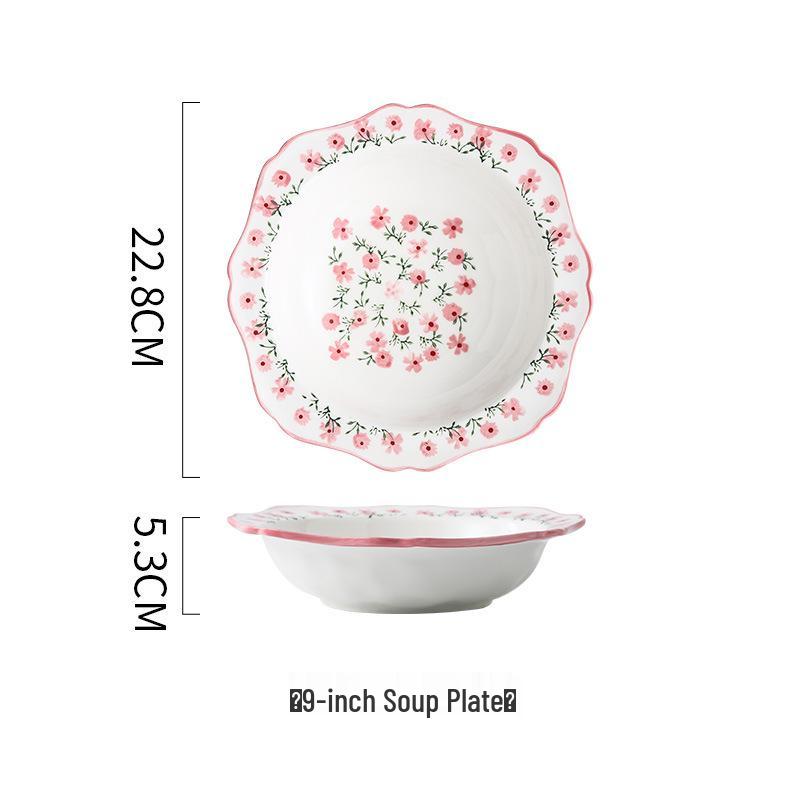 Charming Floral Ceramic Tableware Set: Underglaze Soup & Noodle Bowl, Deep Plate, Flower-Shaped Rice Bowl