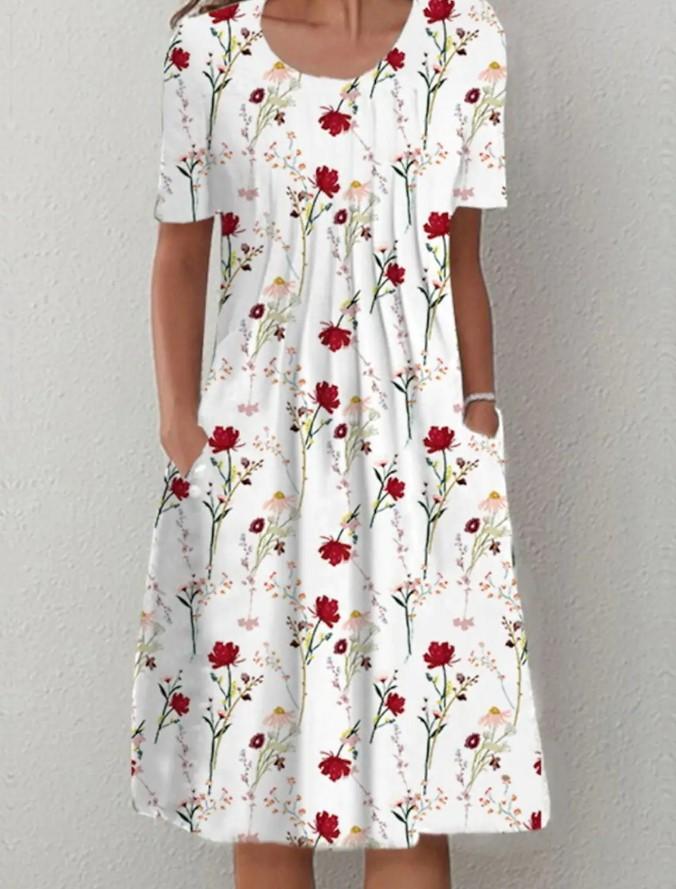 Women Loose Summer Floral Vintage Sexy Ruffles Pocket Dress