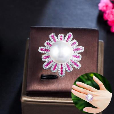 CMM Jewelry Resizable Luxury Big Chunky Fuchsia Cubic Zirconia Flower Artificial Pearl Rings for Women Engagement Party Wear Jewellery