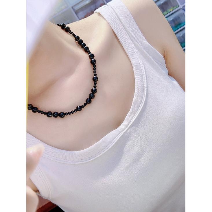 

Black Pearl-style classic French high-end niche black agate necklace, collarbone chain, understated and simple 4+8mm Perimeter38+5Left a