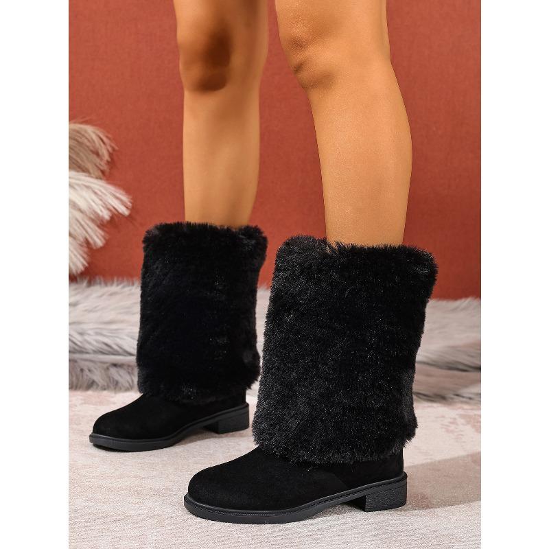 Women's Plus Size New European American Style Furry Patchwork Chunky Heel Round Toe Western Cowboy Knee High Boots