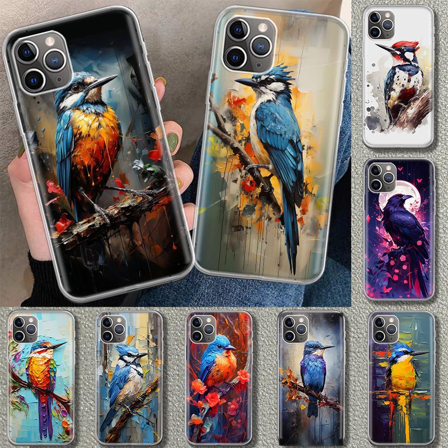 Animal Oil Painting Bird Phone Case Cover for iPhone 11 12 13 Mini 14 15 Plus 16 Pro Max 17 Air 7 8 + SE Art Customized Fundas 1