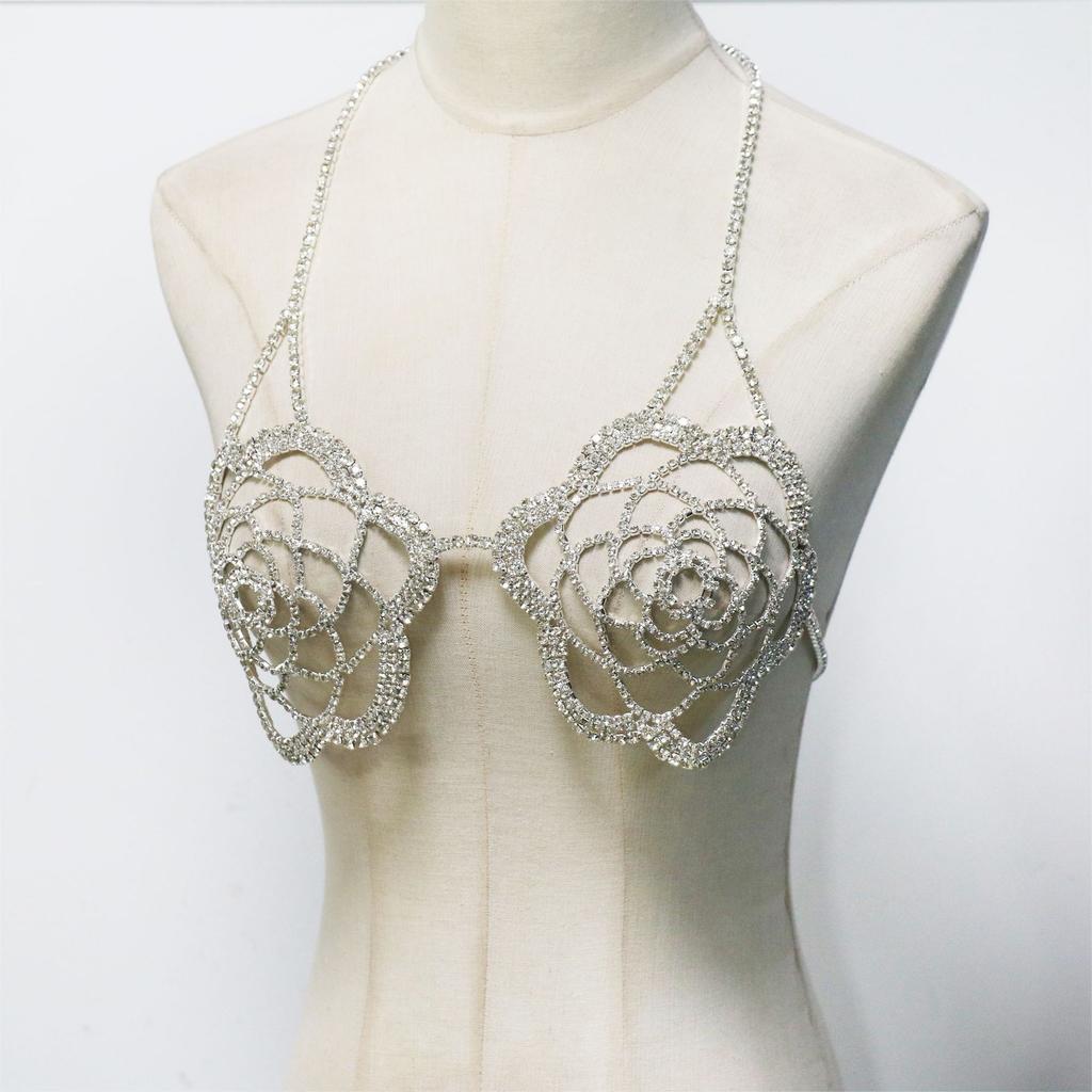 Sexy Rhinestone Breast Chain, Big Flower Rhinestone Breast Chain, Sexy Nightclub Party European And American Accessories