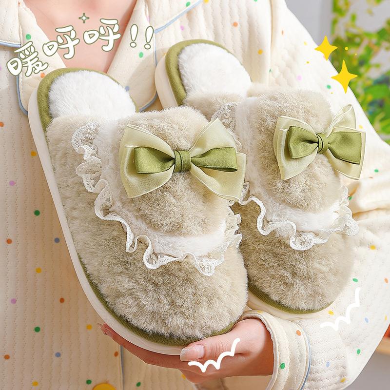 Bow-tie fluffy slippers women's winter couple indoor home household men's plush warm winter fluffy slippers men