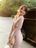 S Family French Pink V-Neck Knit Dress - Autumn/Winter Waist-Cinching, Elegant Coat Style