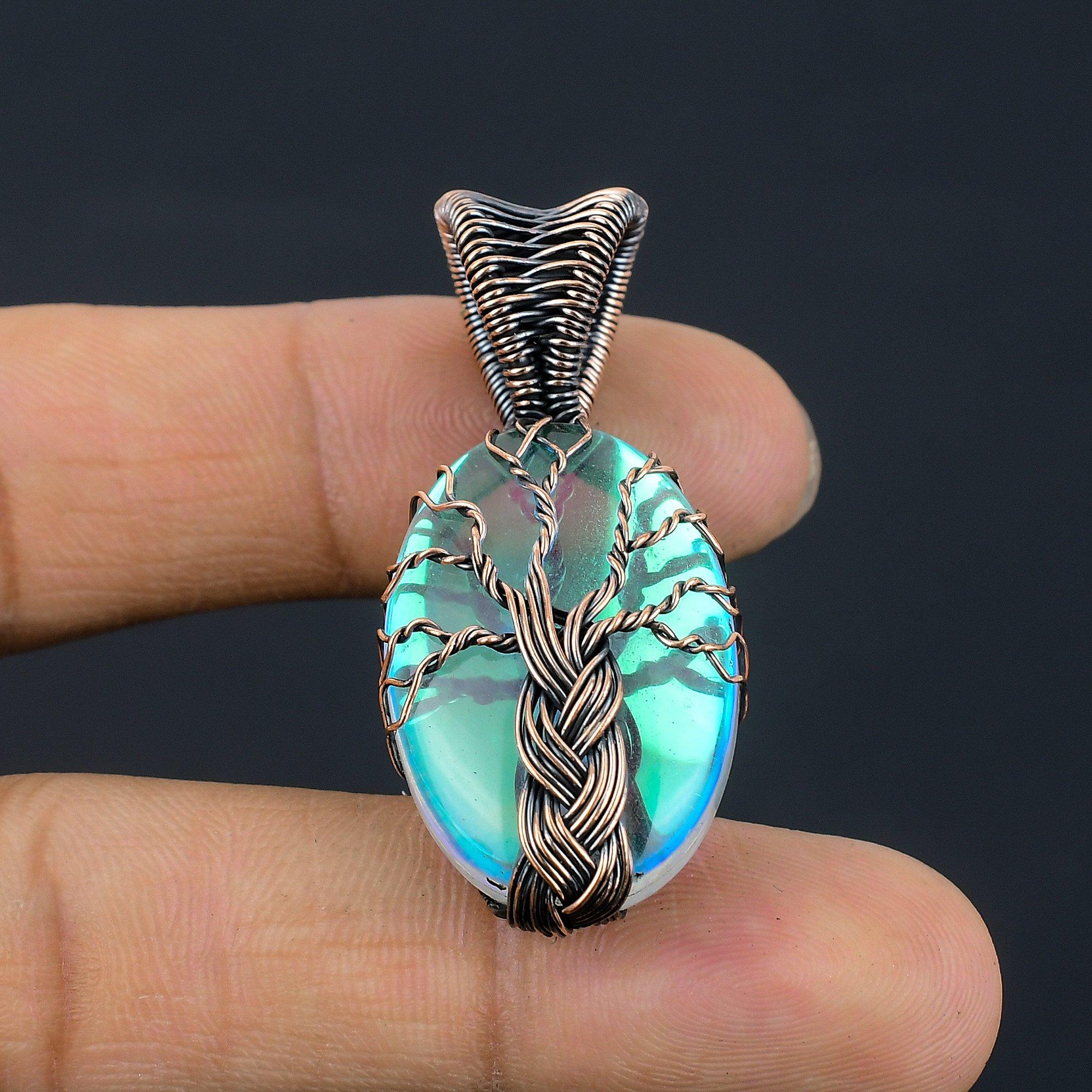 

Tree Of Life Rainbow Mystic Topaz Pendant, 999 Copper Wire Wrapped Gemstone Jewelry, Handmade Pendant, For Thanksgiving 2.55 Inches