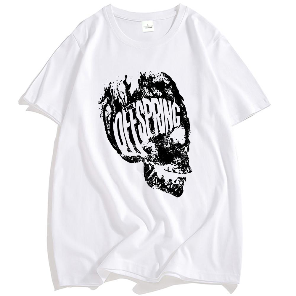 White Flaming Skull Tee Rock Band The Offspring Graphic Tshirts Grunge Unisex Streetwear Hip Hop Summer Cotton Men T-shirt Print