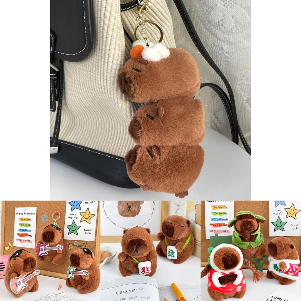Green Guitar Capybara Plush Toy Short Fur Musical Student Backpack Keychain Cute Collectible Gift