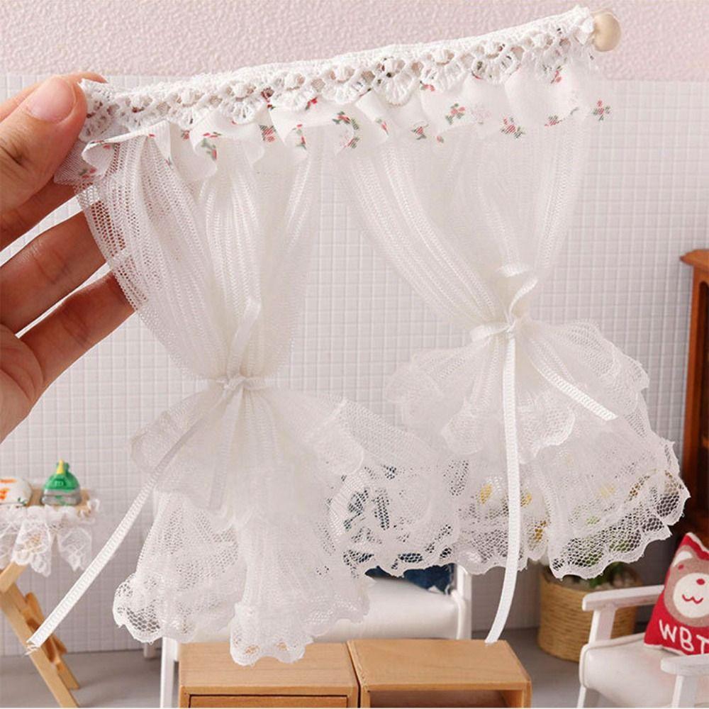 1/12 Dollhouse Sweet Floral Curtains Model Lace Mesh Dolls House Living Scene Decor